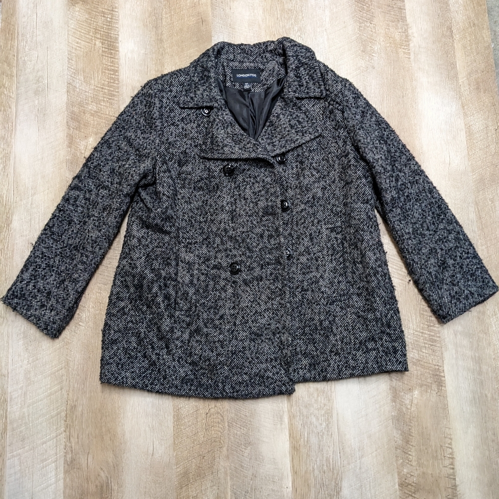 London Fog Black and Gray Wool Blend Coat Women's XXL